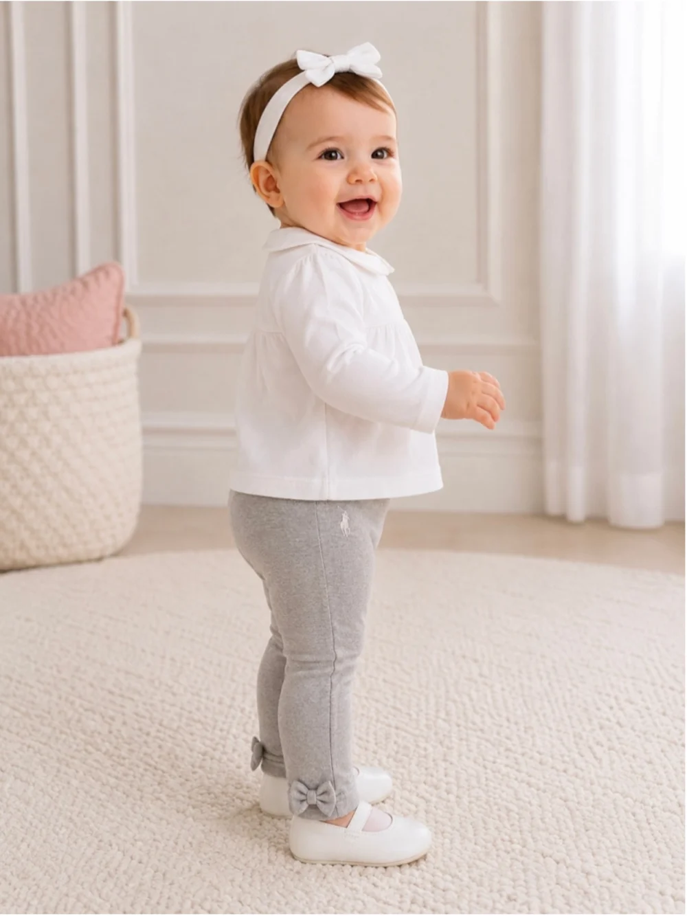 Ralph Lauren Baby Girl Bow-Back Jersey Leggings – Heather Gray – Size 9M